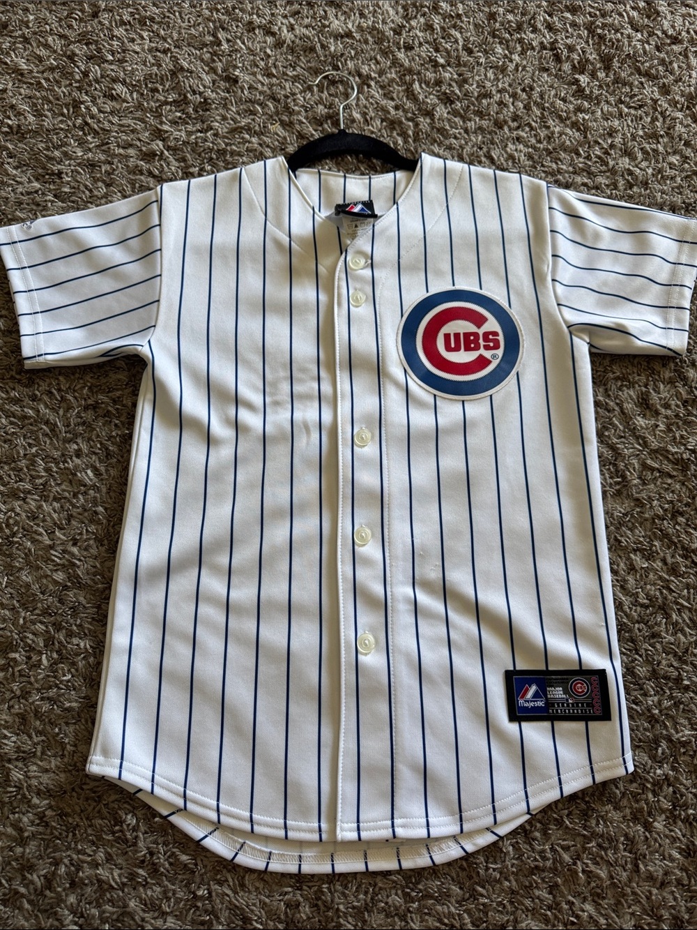 Majestic White and Blue Pinstripe Cubs Kids Baseball Jersey